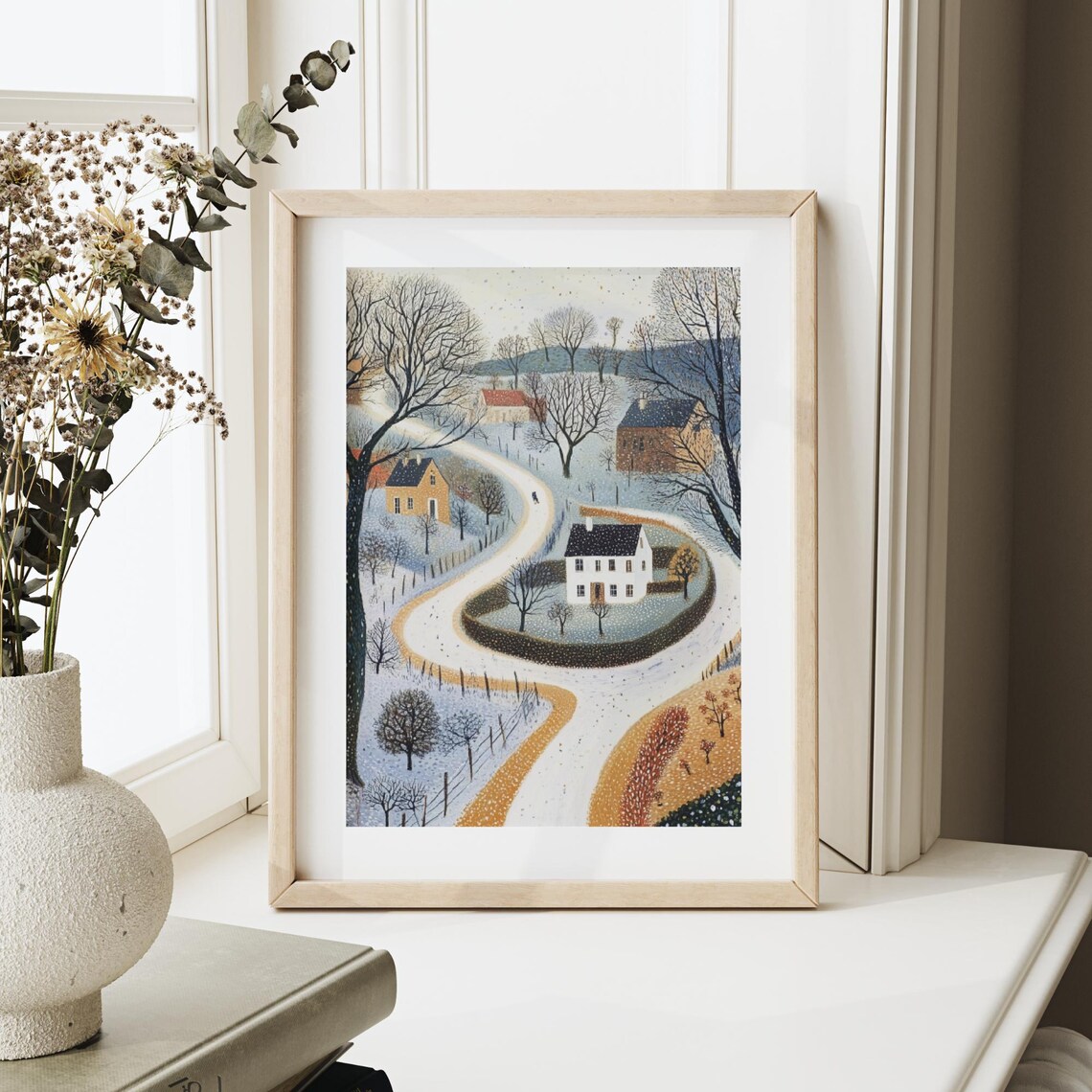 Naive Winter Village Winding Road White House Snow Calm Wall Art - Image 5