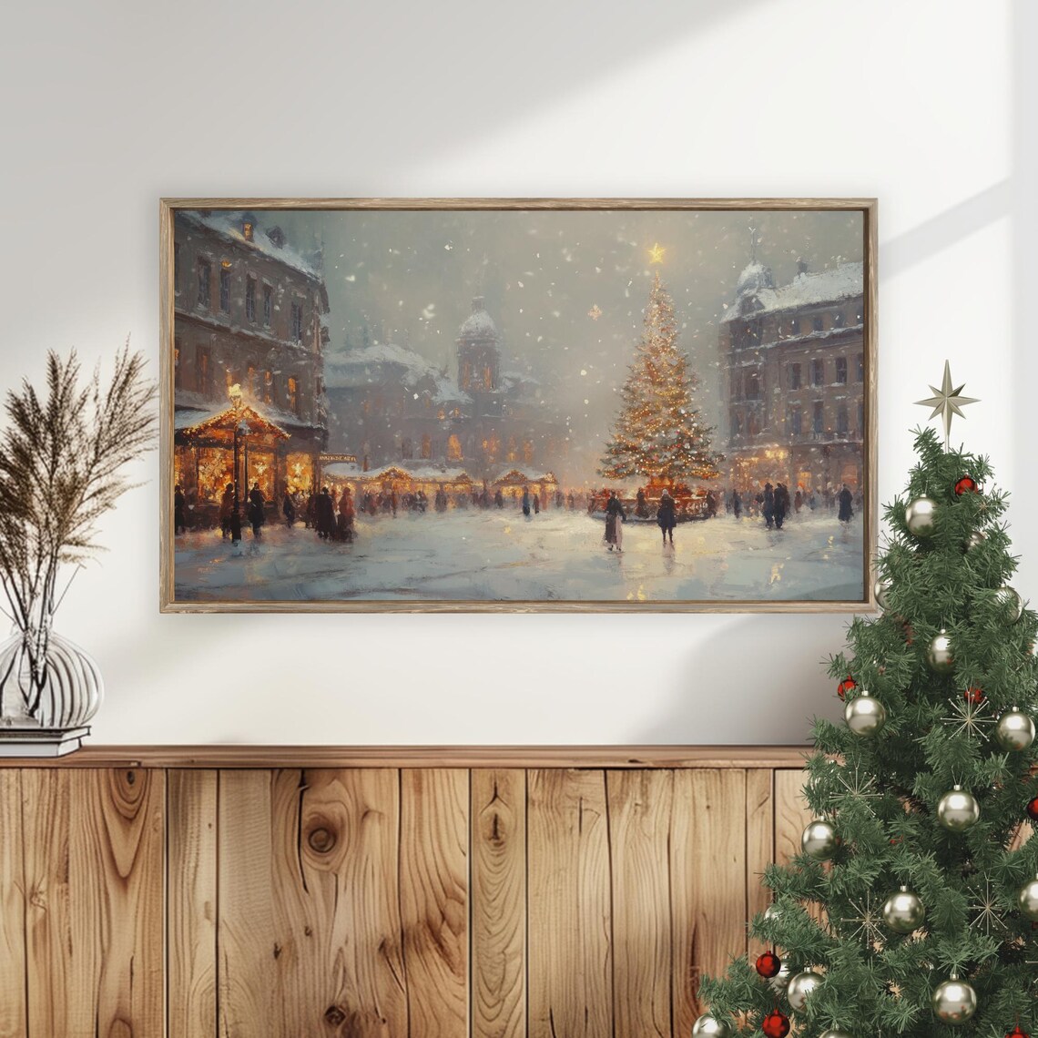Christmas Market Square Big Tree Snowy Evening Vintage Poster - Image 4