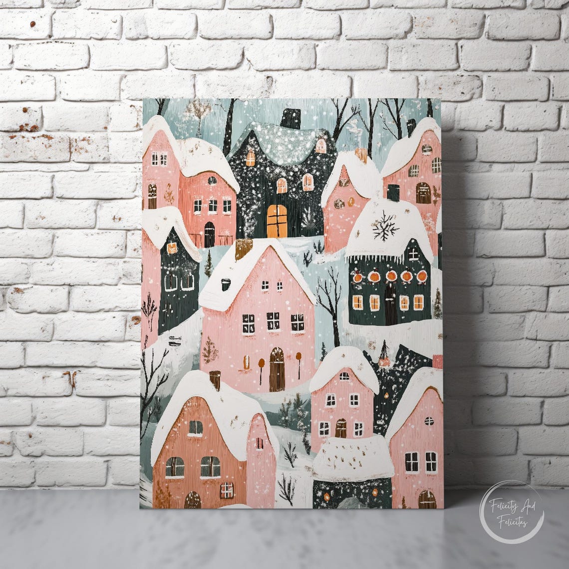 Snow Covered Pink Village Rooftops in Falling Snow Art Poster - Image 6