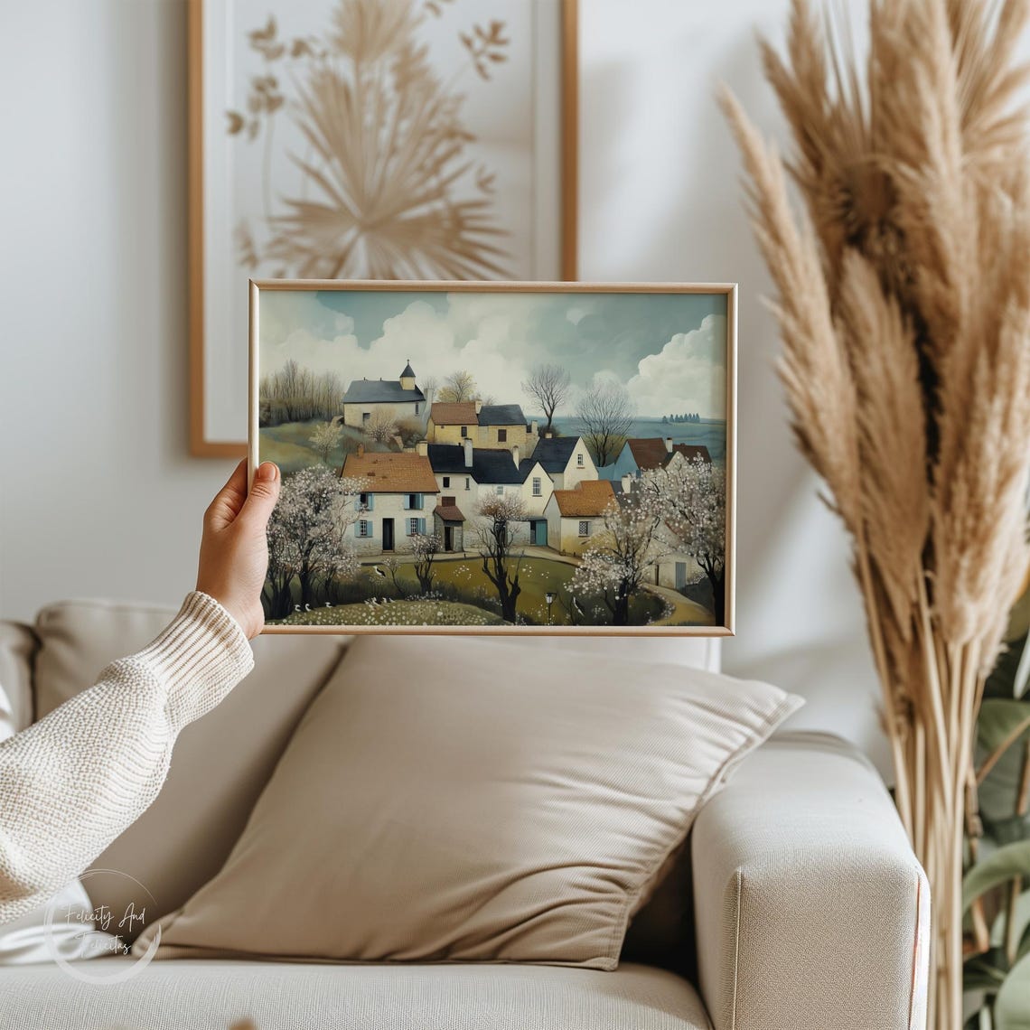 Retro Spring Village Landscape With Church Blooming Trees Poster - Image 6