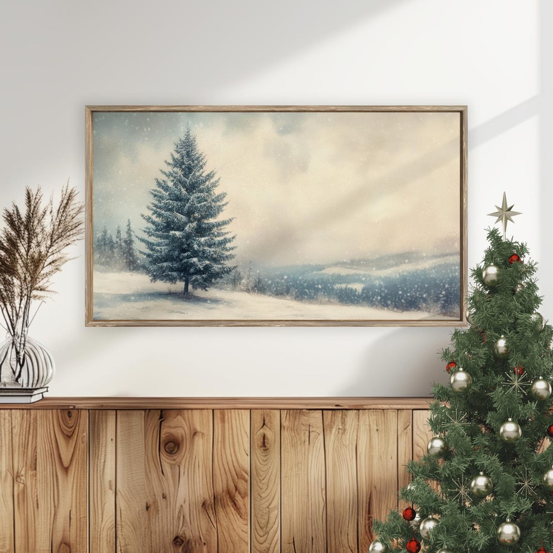 Winter Snowy Spruce Tree Falling Snow Landscape Frame TV Art Poster - Image 5