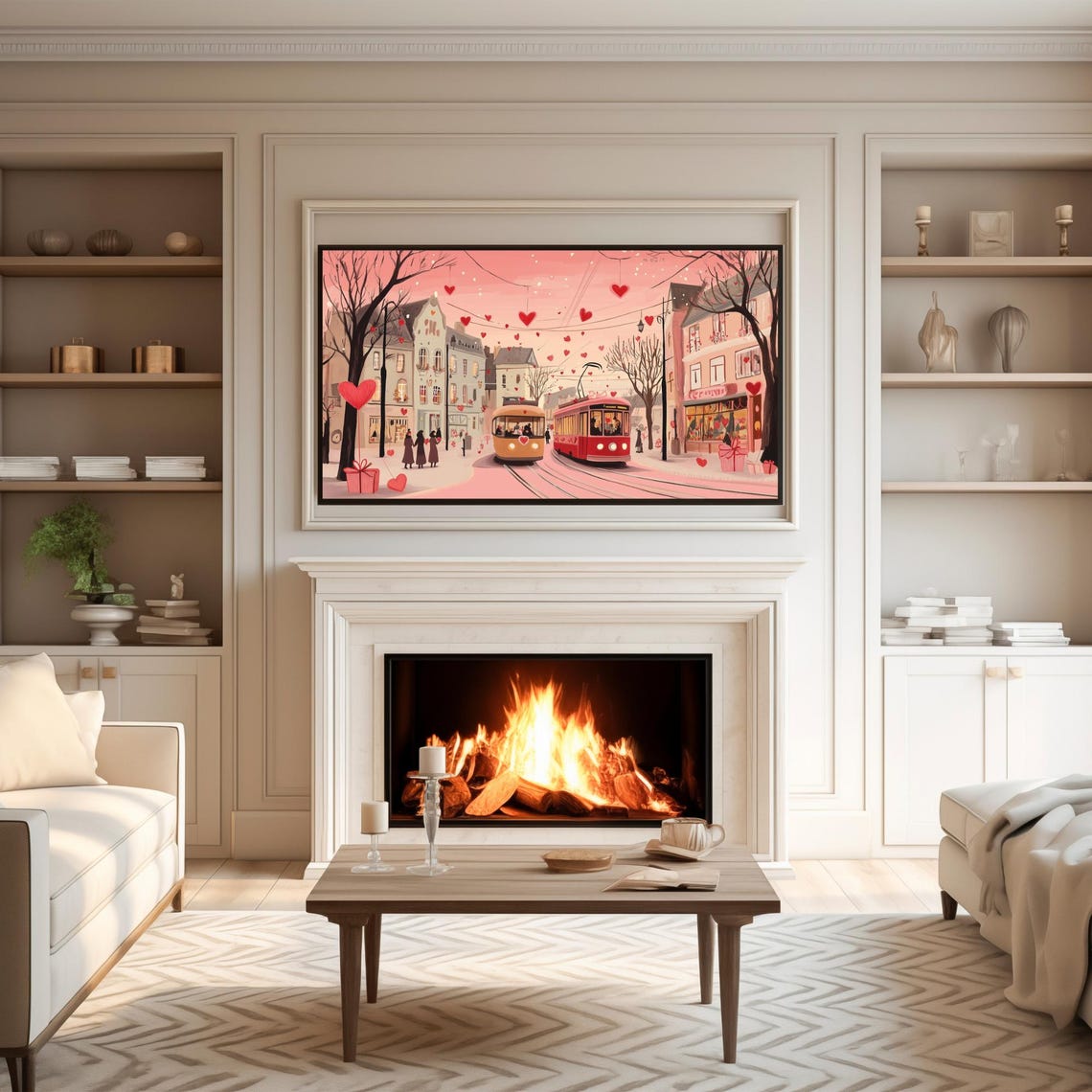 Valentines Day Pink City Street Hearts Trams Romance Scene Poster - Image 4