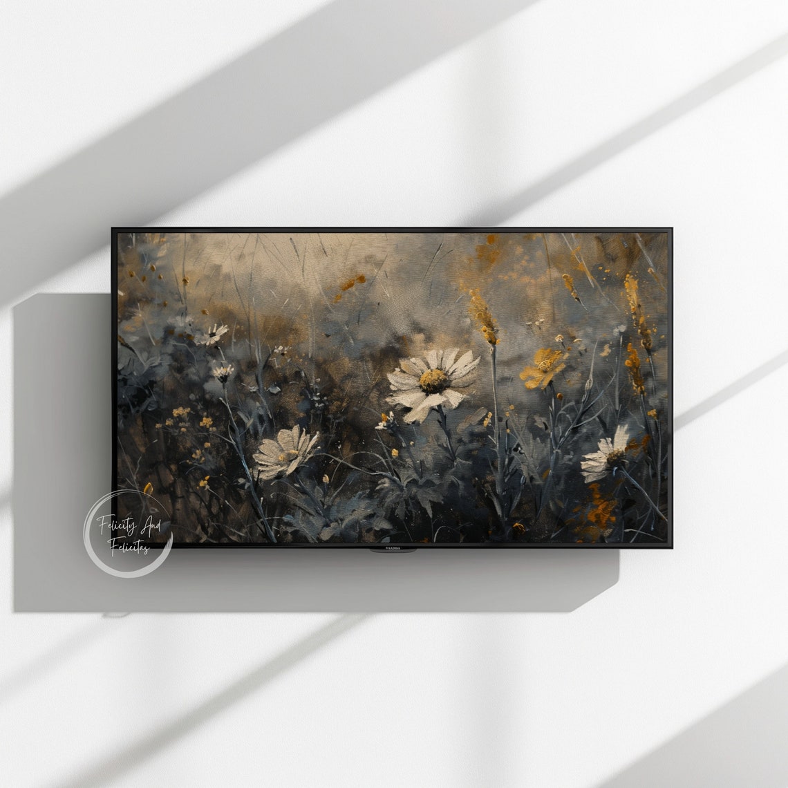 Dark Moody Floral Daisy Meadow Impressionist Frame TV Art Print - Image 3
