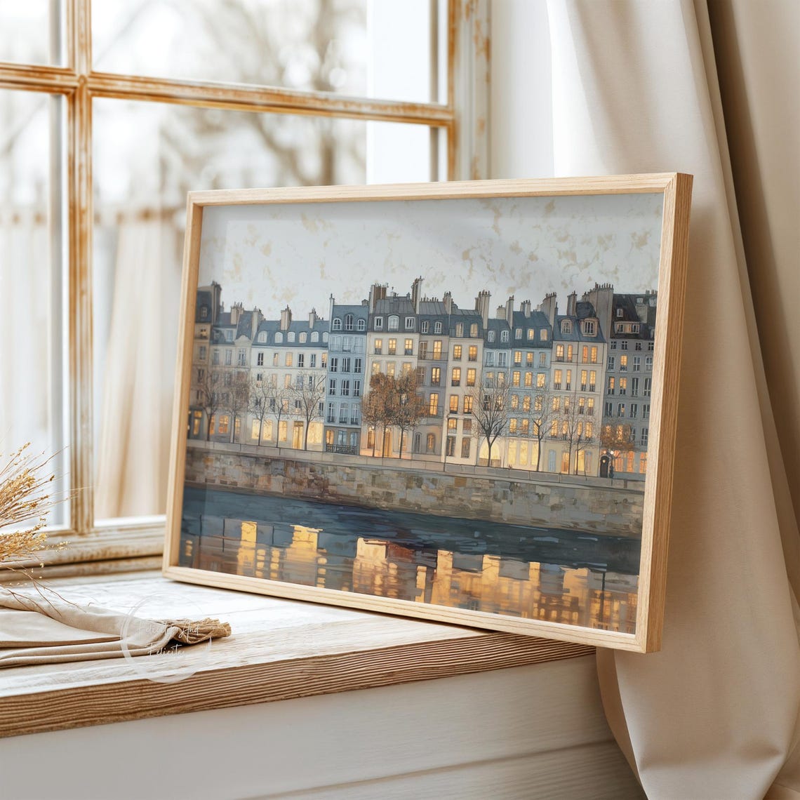 European Riverside Buildings at Dusk with Golden Reflections Poster - Image 3