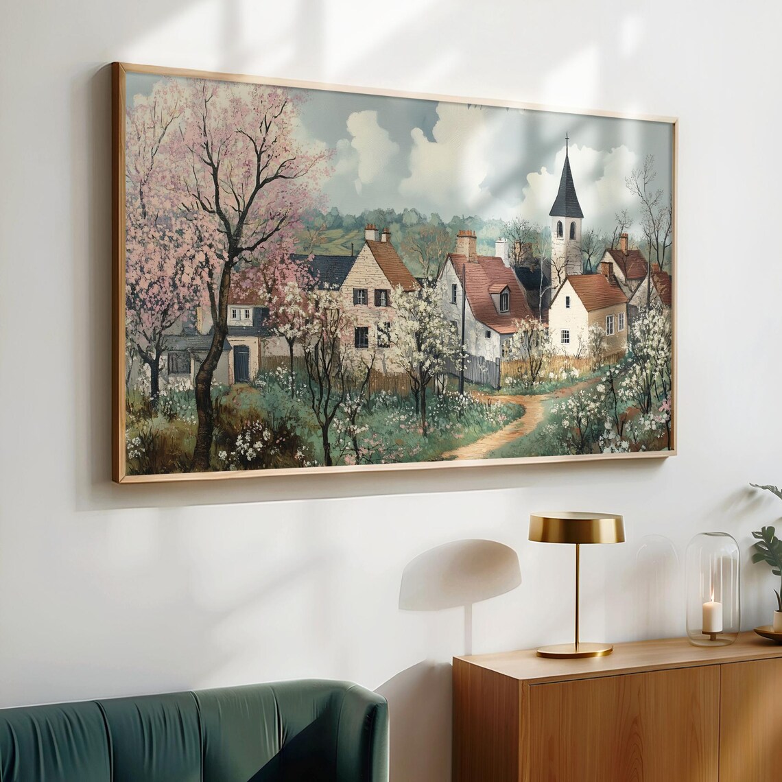 Spring Village Blooming Trees Church Spire Cottages Wall Art - Image 6