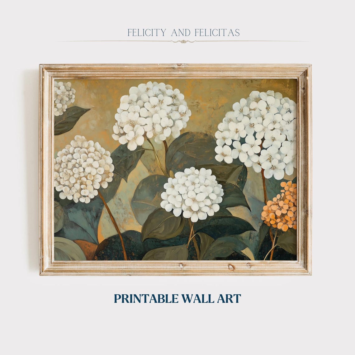 White Hydrangea Botanical Painting On Golden Background Poster