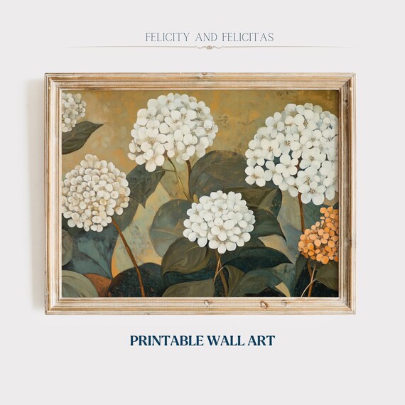 White Hydrangea Botanical Painting On Golden Background Poster