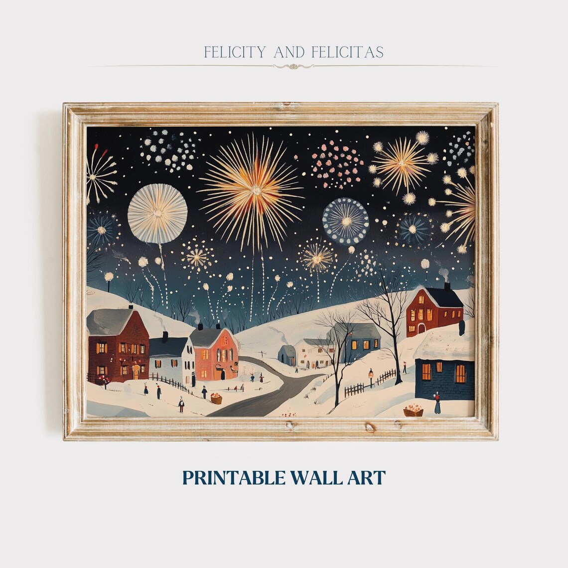 Fireworks Over Snowy Village At Night New Years Eve Scene Poster
