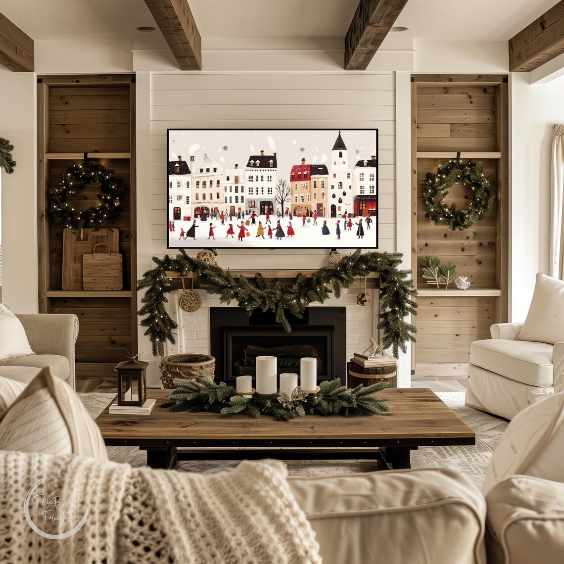 Retro Winter Town Square Red Cloaks Church Snow Charming Wall Art - Image 3