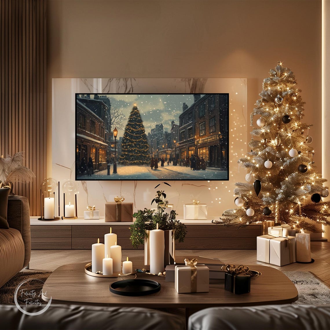 Vintage Christmas Town Square Evening Lit Tree Snowfall Poster - Image 4