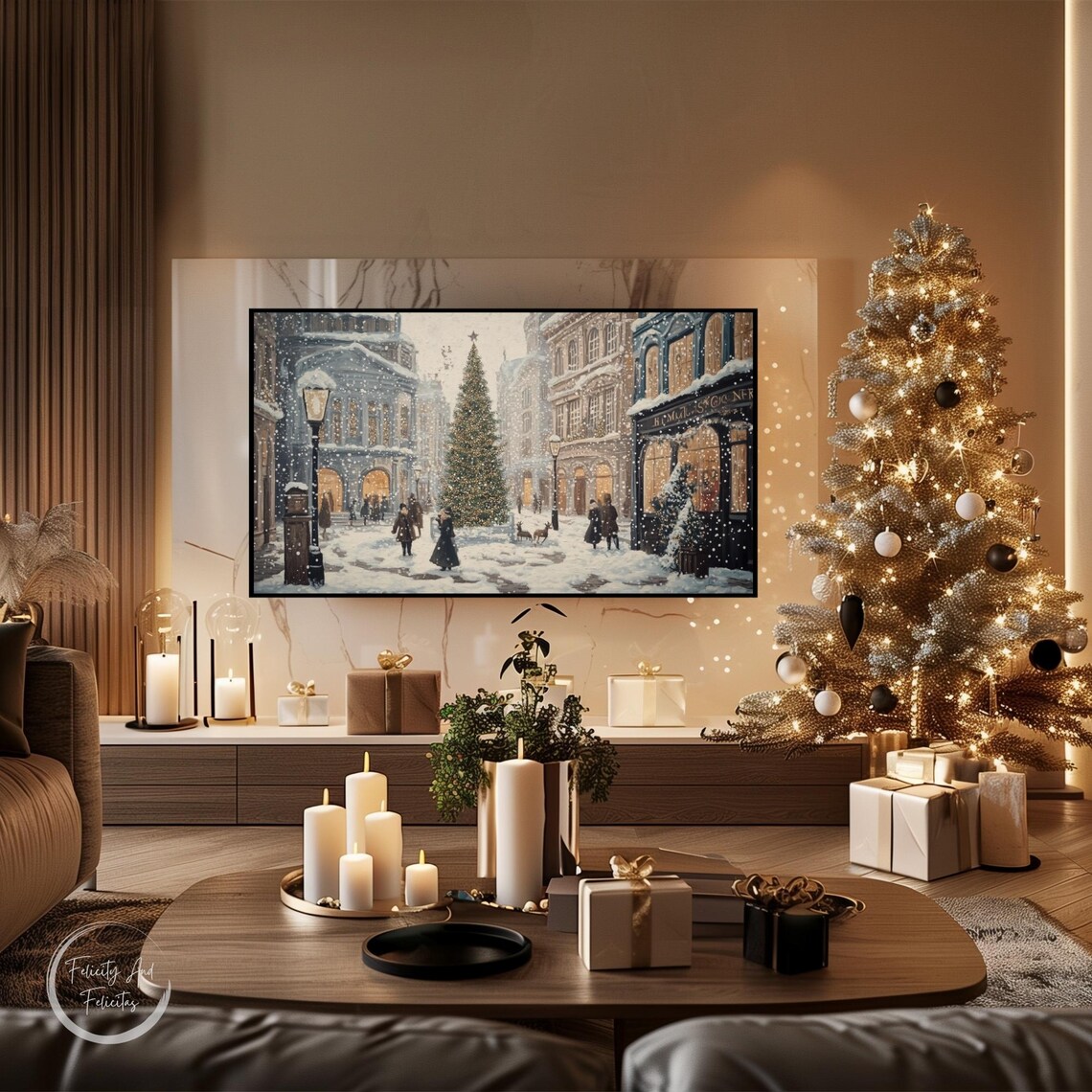 Vintage Christmas City Street Night Tall Tree Snow Scene Poster - Image 3