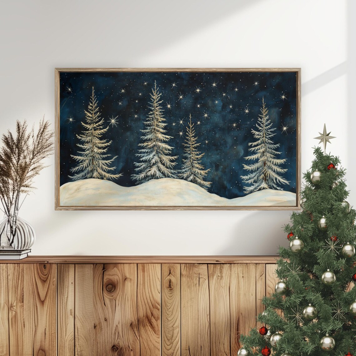 Snowy Pine Trees Starry Night Sky Winter Forest Serene Wall Art - Image 5