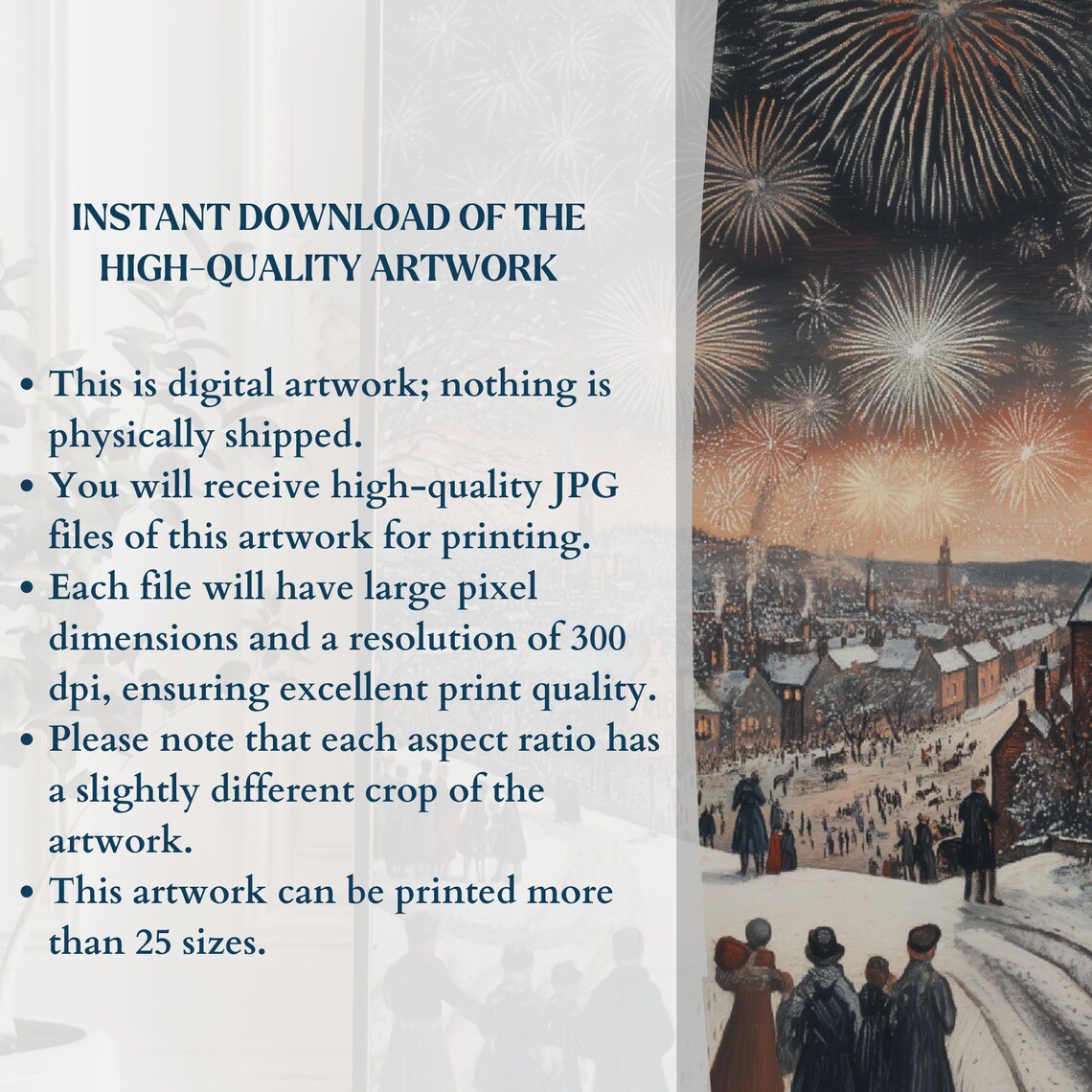 New Years Eve Fireworks Snowy Town Crowd Vintage Dazzling Wall Art - Image 3
