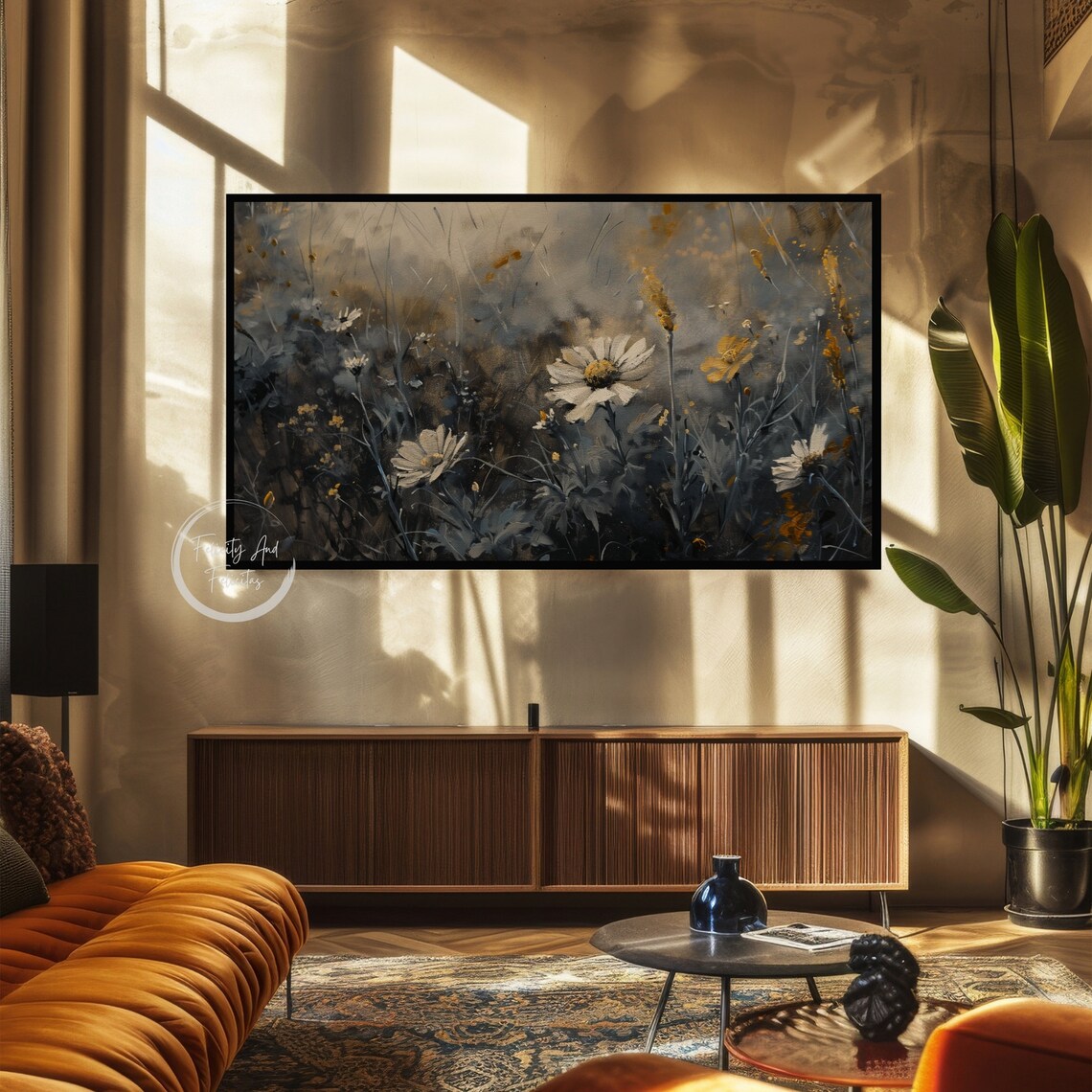 Dark Moody Floral Daisy Meadow Impressionist Frame TV Art Print - Image 5