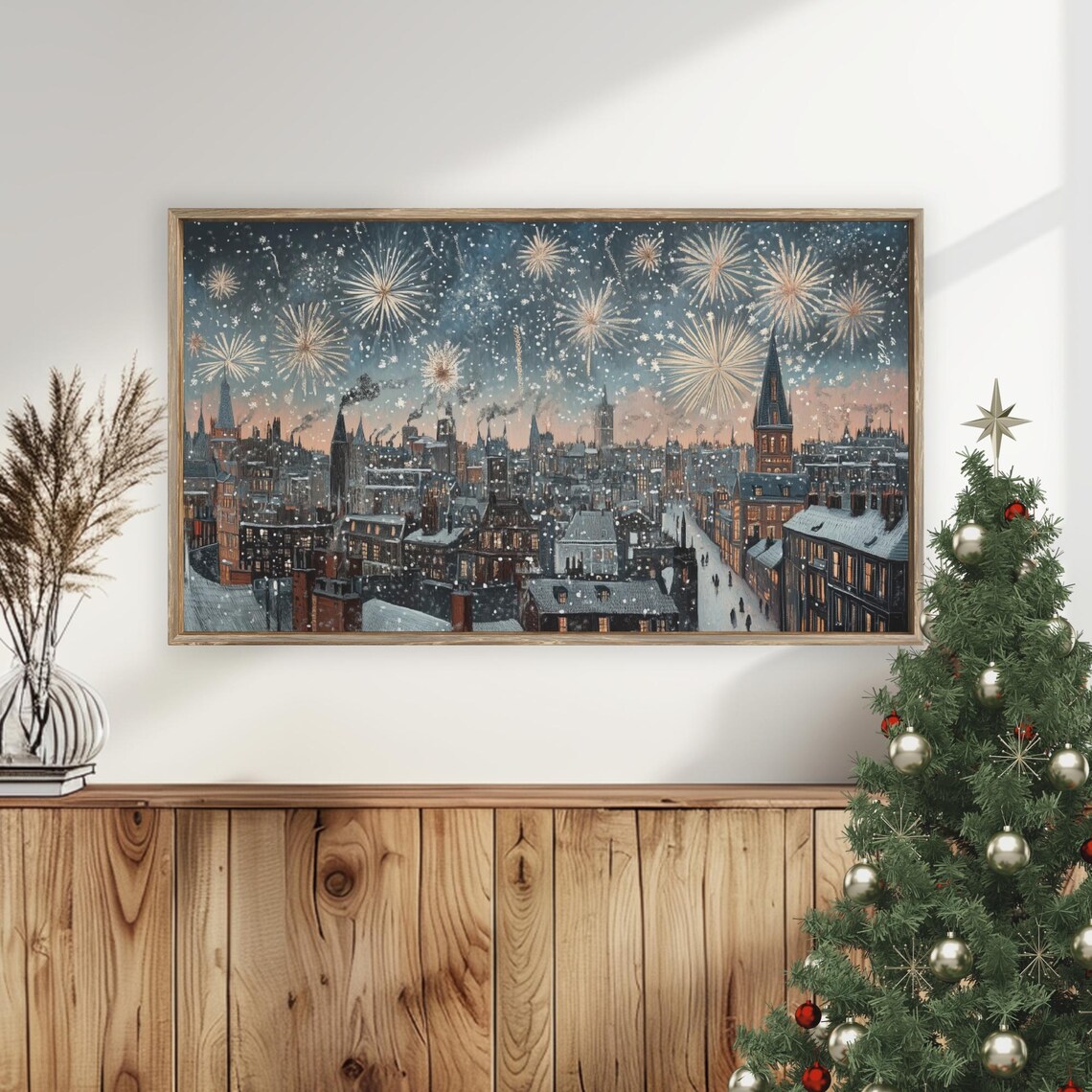 New Years Eve Vintage City Fireworks Snowy Night Rooftops Poster - Image 5