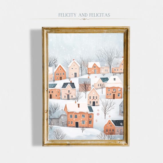 Christmas Village Wall Art Cute Winter Town Neutral Christmas Decor Christmas Farmhouse Decor