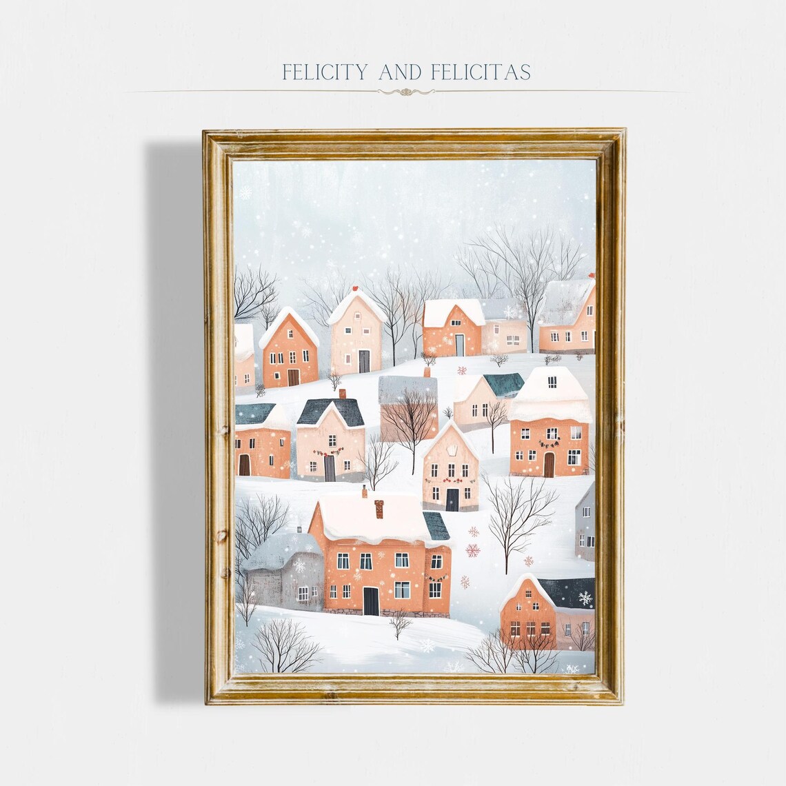 Snowy Hillside Village Peach Houses Pastel Winter Scene Poster