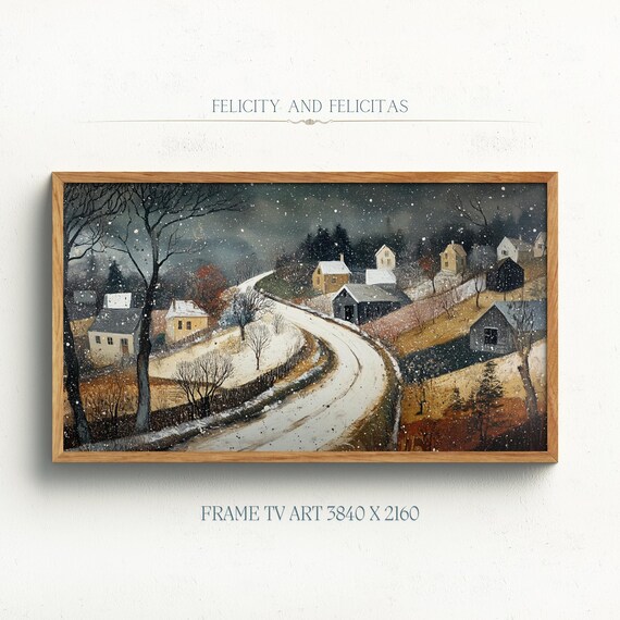 Moody Snowy Village Road At Dusk Falling Snow Landscape Poster