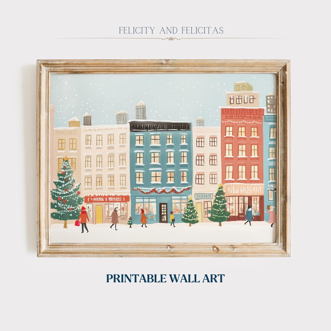 Pastel City Buildings Winter Holiday Shops Christmas Trees Poster