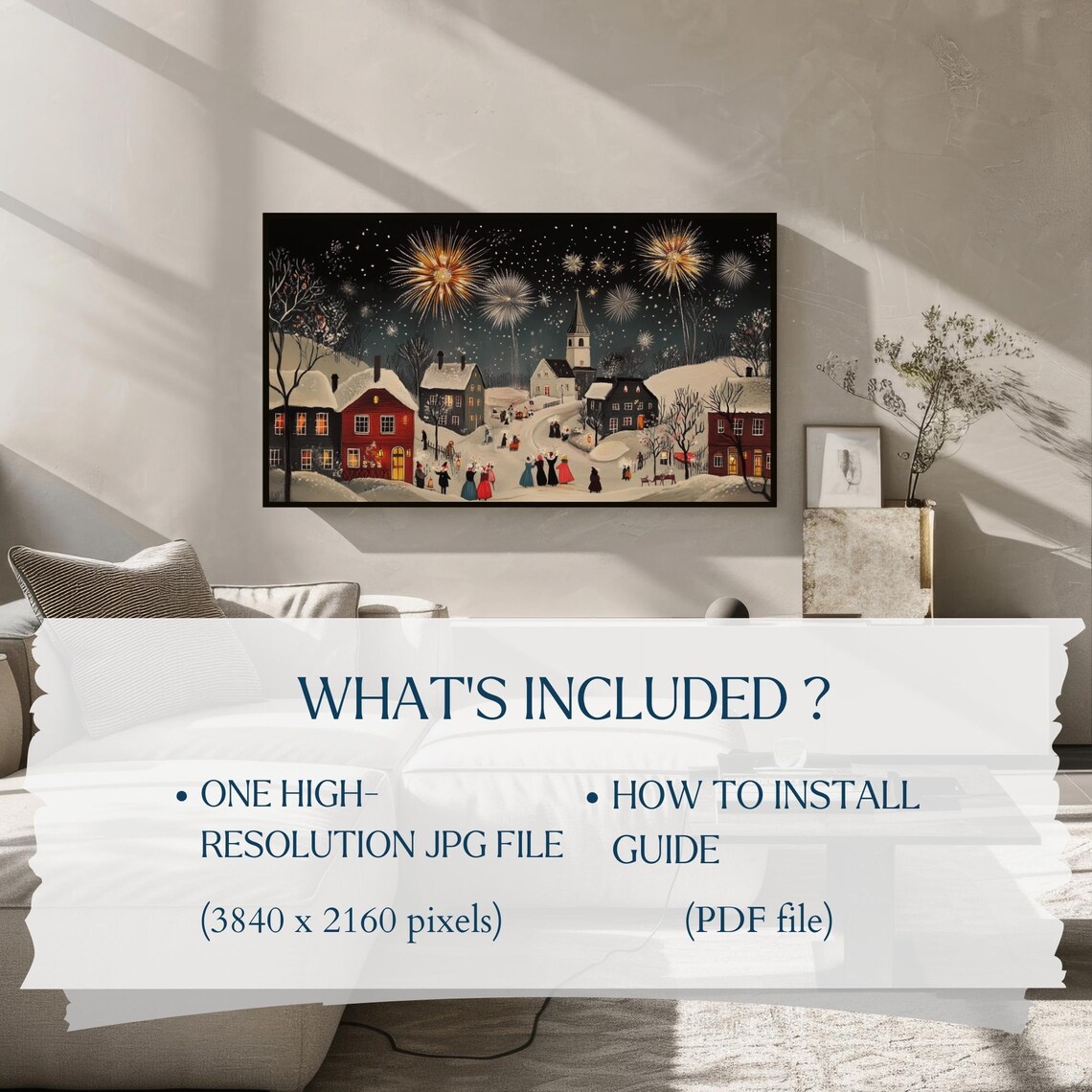 New Years Eve Fireworks Snowy Village Church Night Vintage Poster - Image 2