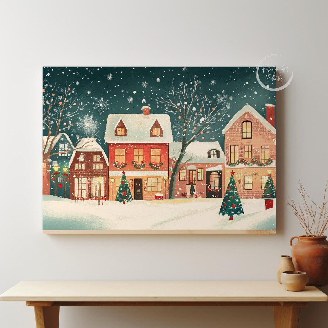 Christmas Evening Red Brick Houses Snow Roofs Street Art Poster - Image 5
