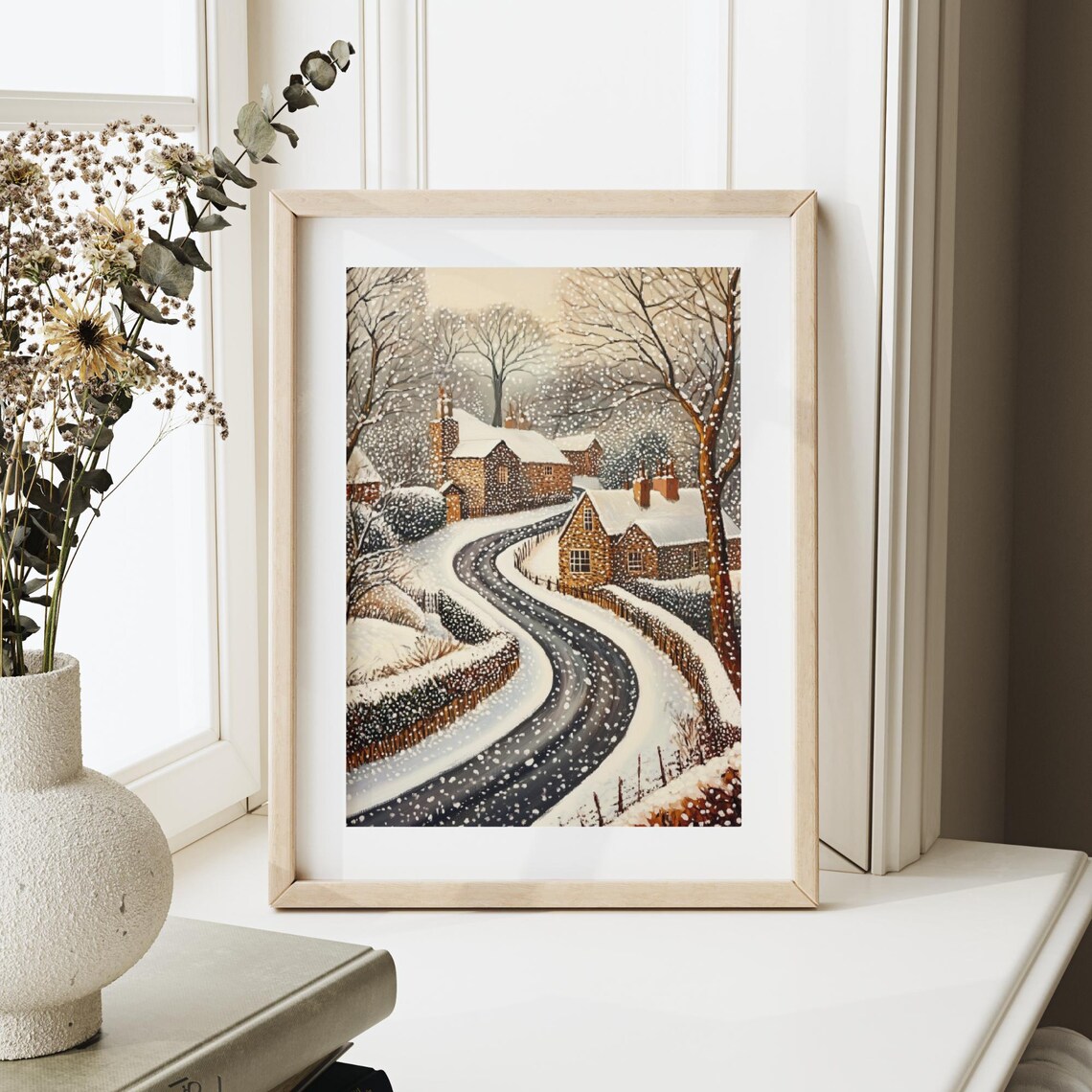Snowy Winding Road Brick Cottages Falling Snow Winter Scene Poster - Image 4