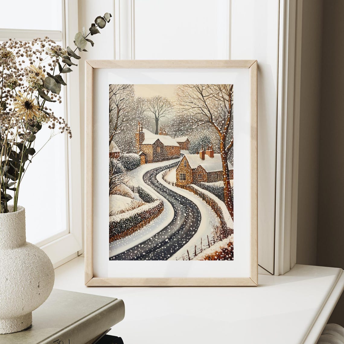 Winter Village Wall Art Winter Landscape Art Cute Winter Prints Seasonal Decor Rustic Winter Decor Pointilism - Image 4