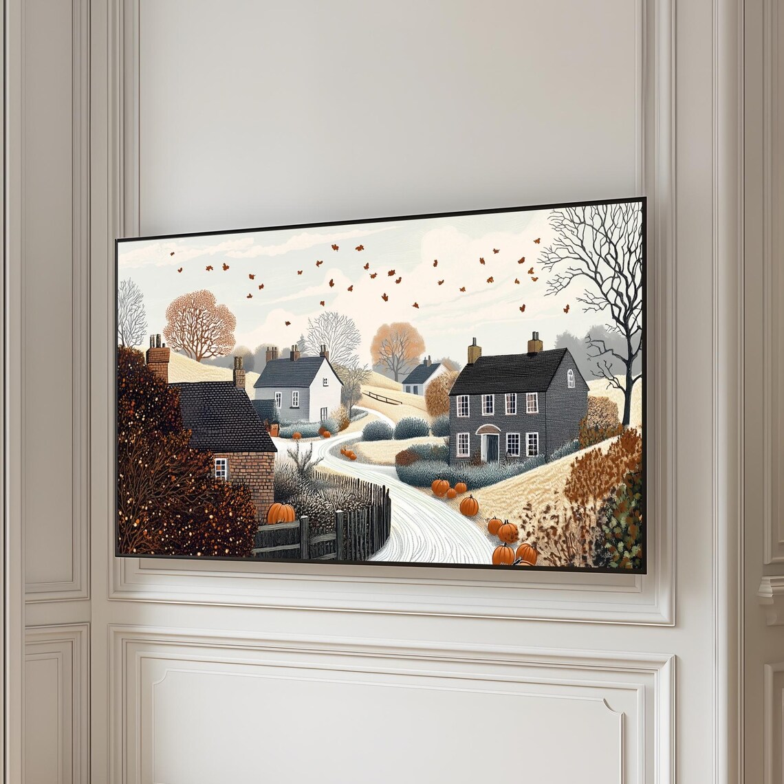 Dark Autumn Village Road Pumpkins Crows Moody Halloween Poster - Image 3