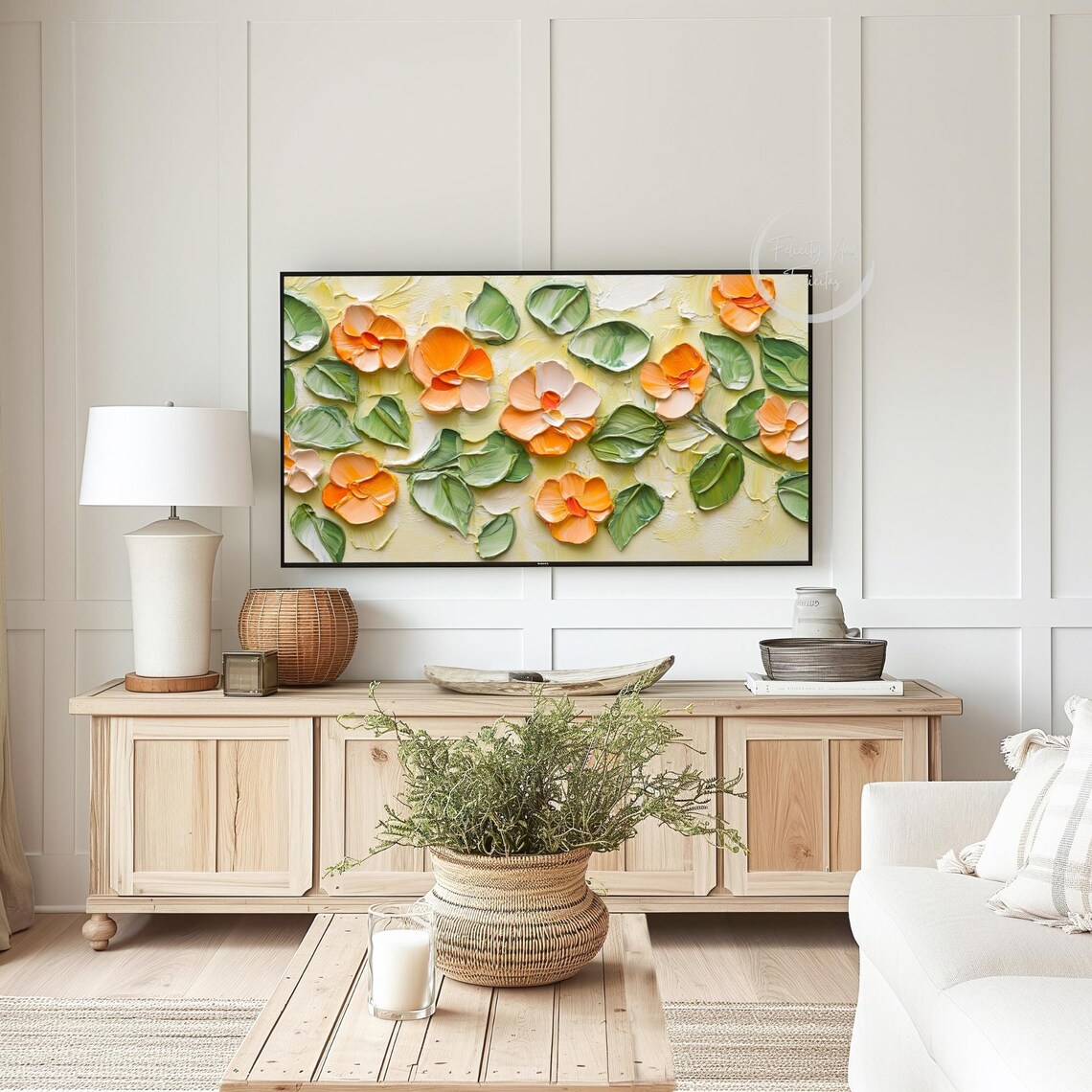 Orange Pop Art Flowers 3D Textured Floral Impasto Yellow Background Art Poster - Image 3
