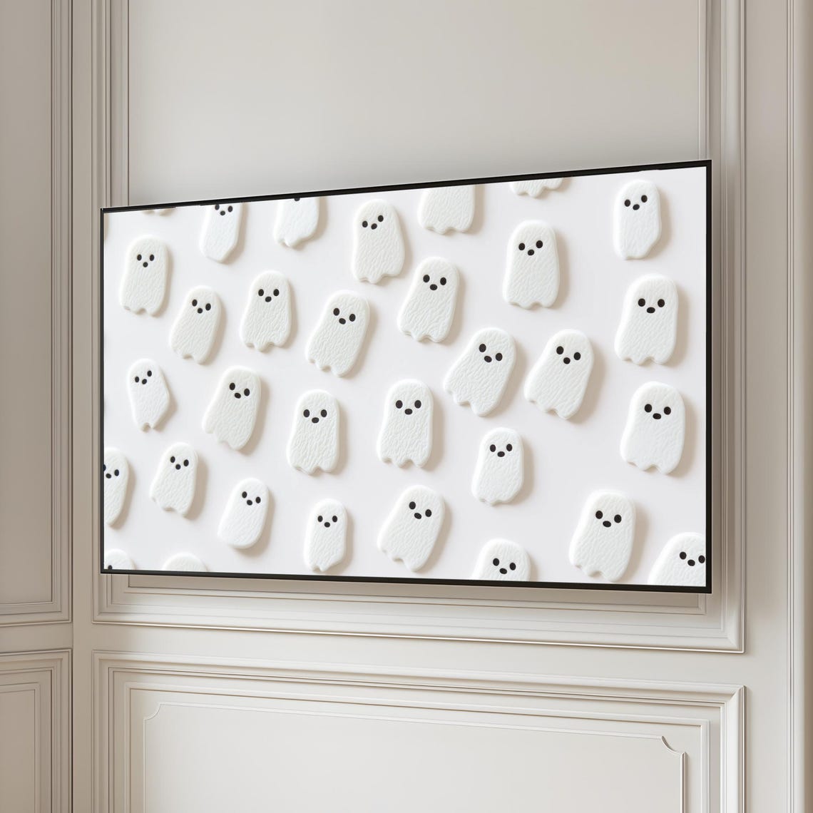Cute Smiling Ghost Pattern White Neutral Halloween TV Art Poster - Image 5