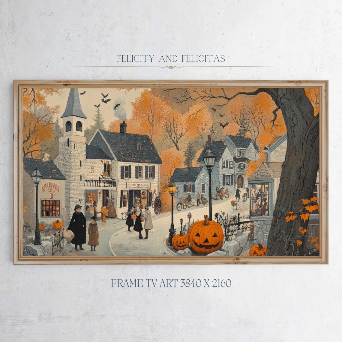 Halloween Village with Trick or Treaters and Church Autumn Poster