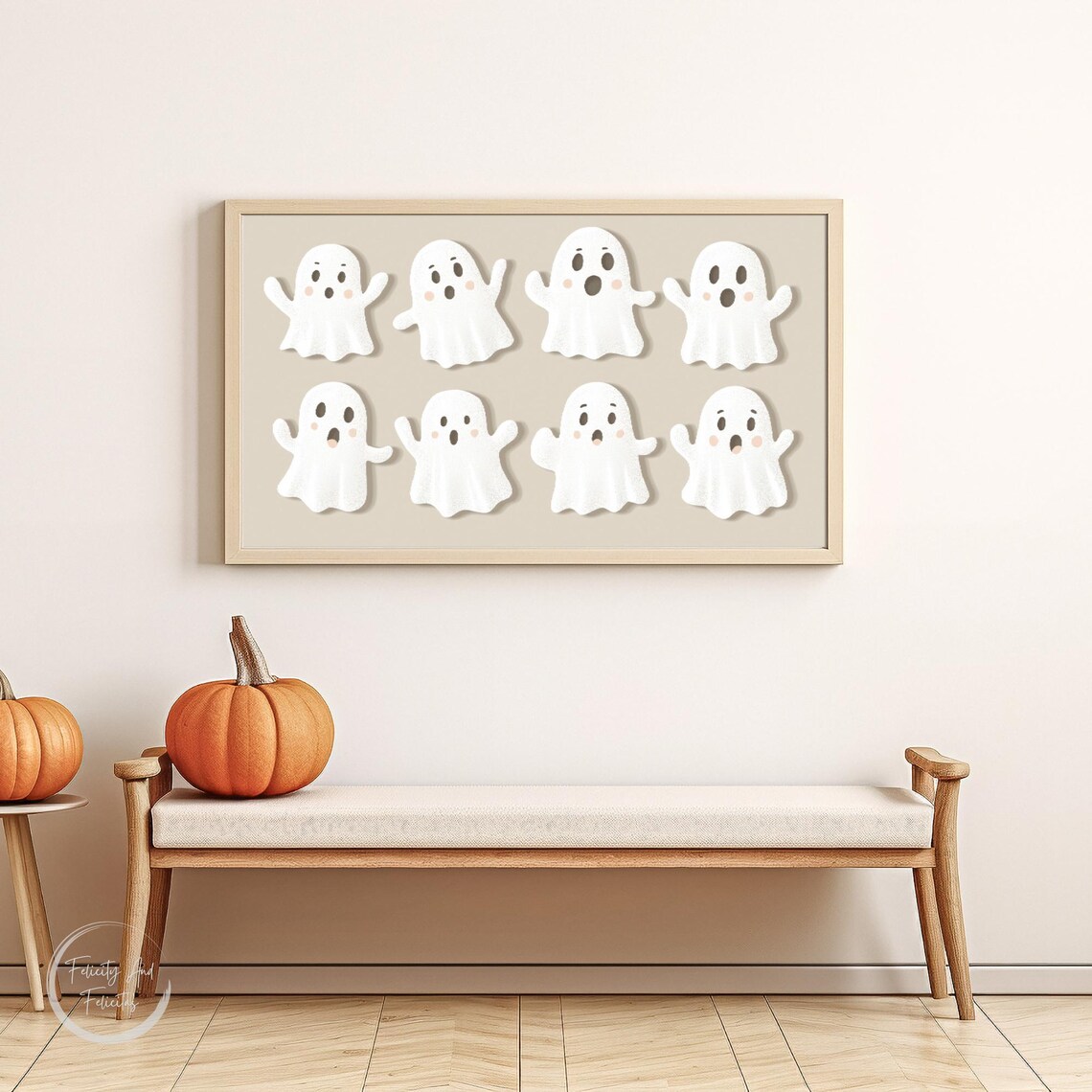 Eight Cute Cartoon Ghosts Beige Pastel Halloween TV Art Poster - Image 6