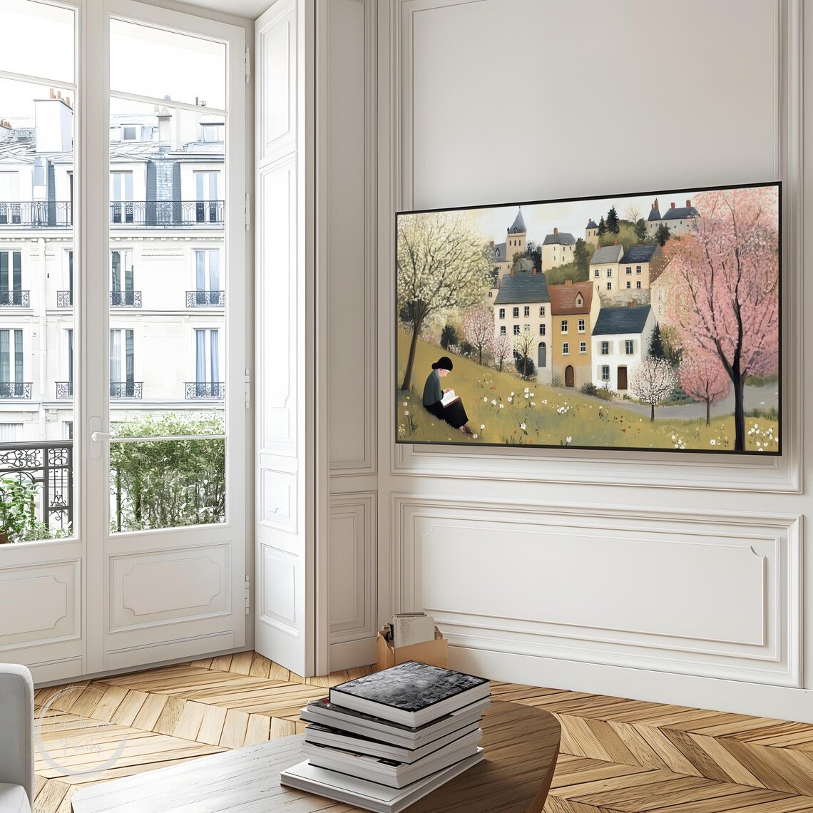 Spring Reading on Hill Village Blossoming Trees Frame TV Art Poster - Image 3