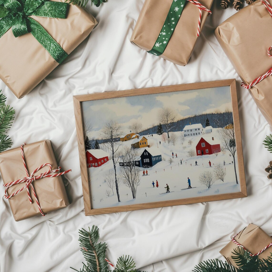 Winter Village Skiers On Snowy Hill Red Houses Folk Art Poster - Image 6