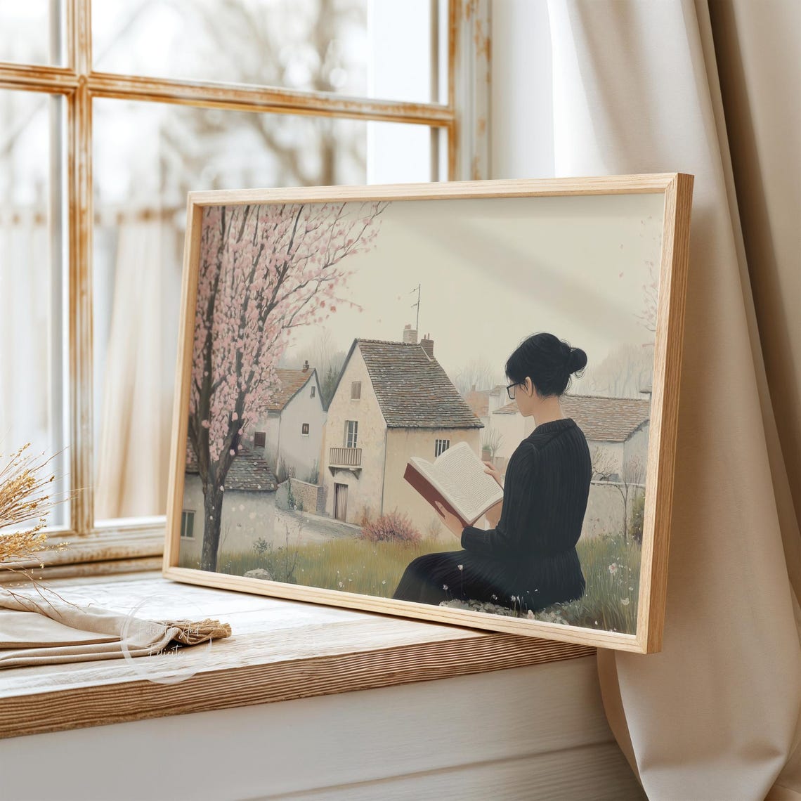 Woman Reading Book Under Blossoming Tree Spring Village Poster - Image 3