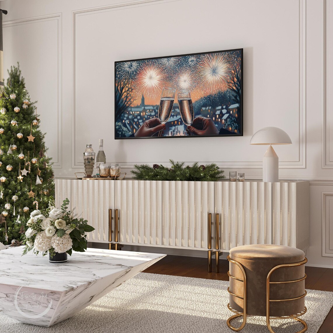 Champagne Toast Fireworks Snowy Town New Years Eve TV Art Poster - Image 4