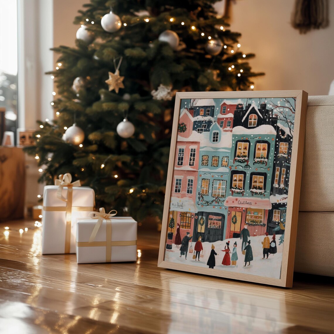 Cute Christmas Town Pastel Shops Snowy Street Holiday Poster - Image 6