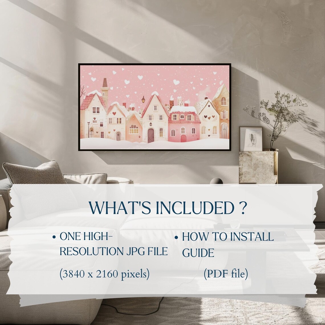 Blush Pink Winter Village with Falling Hearts Frame TV Art Poster - Image 2