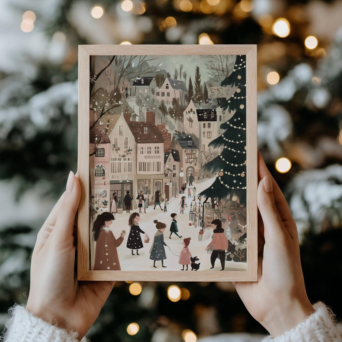 Snowy Christmas Village Square Children Shops Storybook Art Poster - Image 5