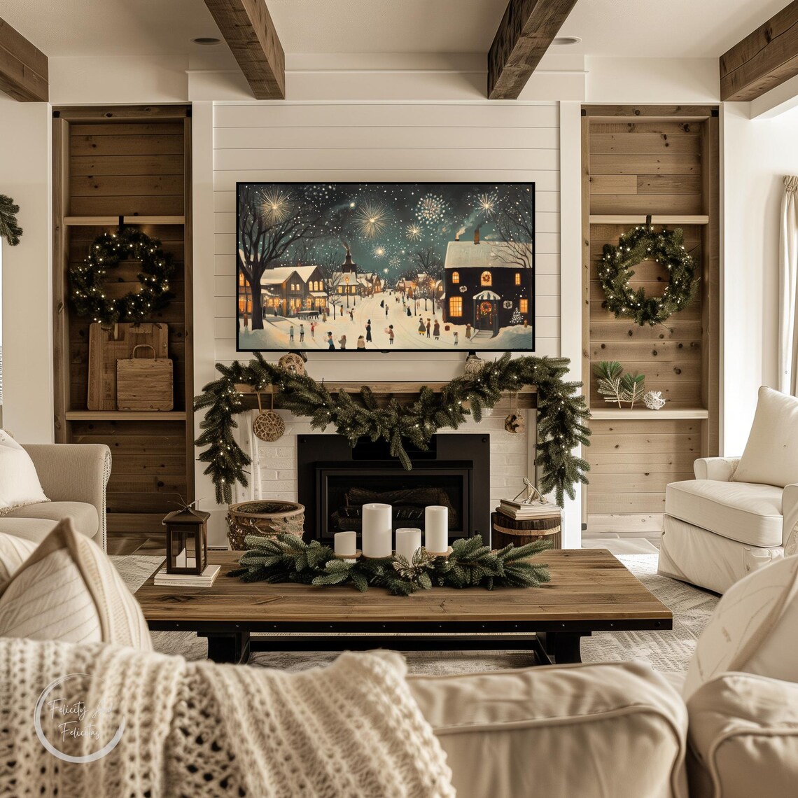New Years Eve Fireworks Snowy Village Celebration Frame TV Art Poster - Image 4