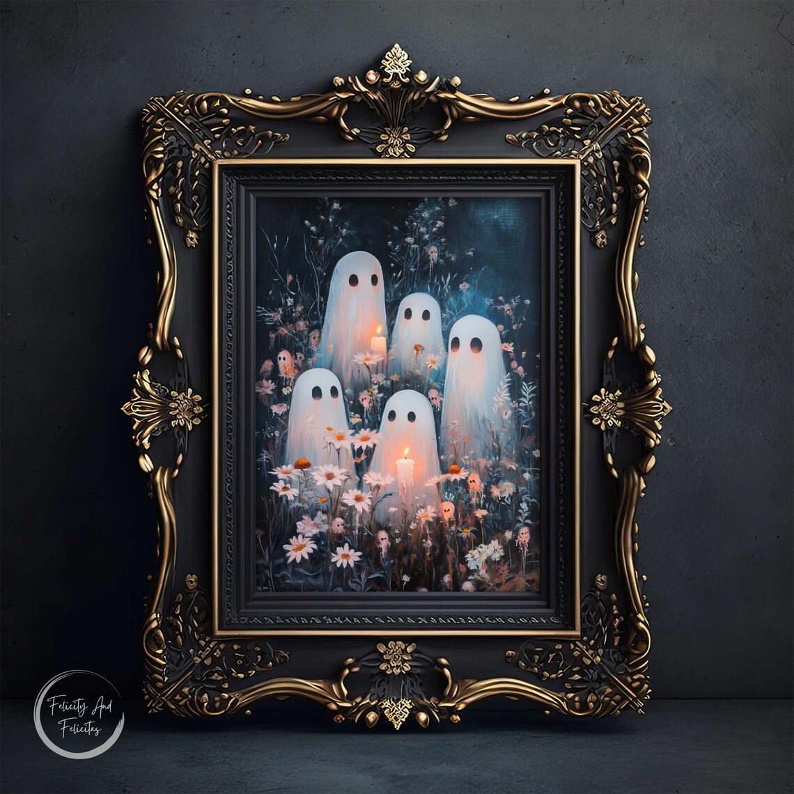 Cute Ghosts Among Flowers with Candles Spooky Night Art Poster - Image 6