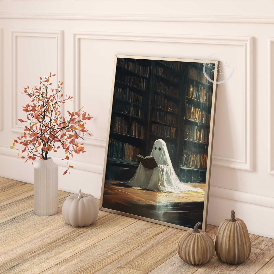 Ghost Reading Book Dark Library Halloween Cottagecore Wall Art - Image 4