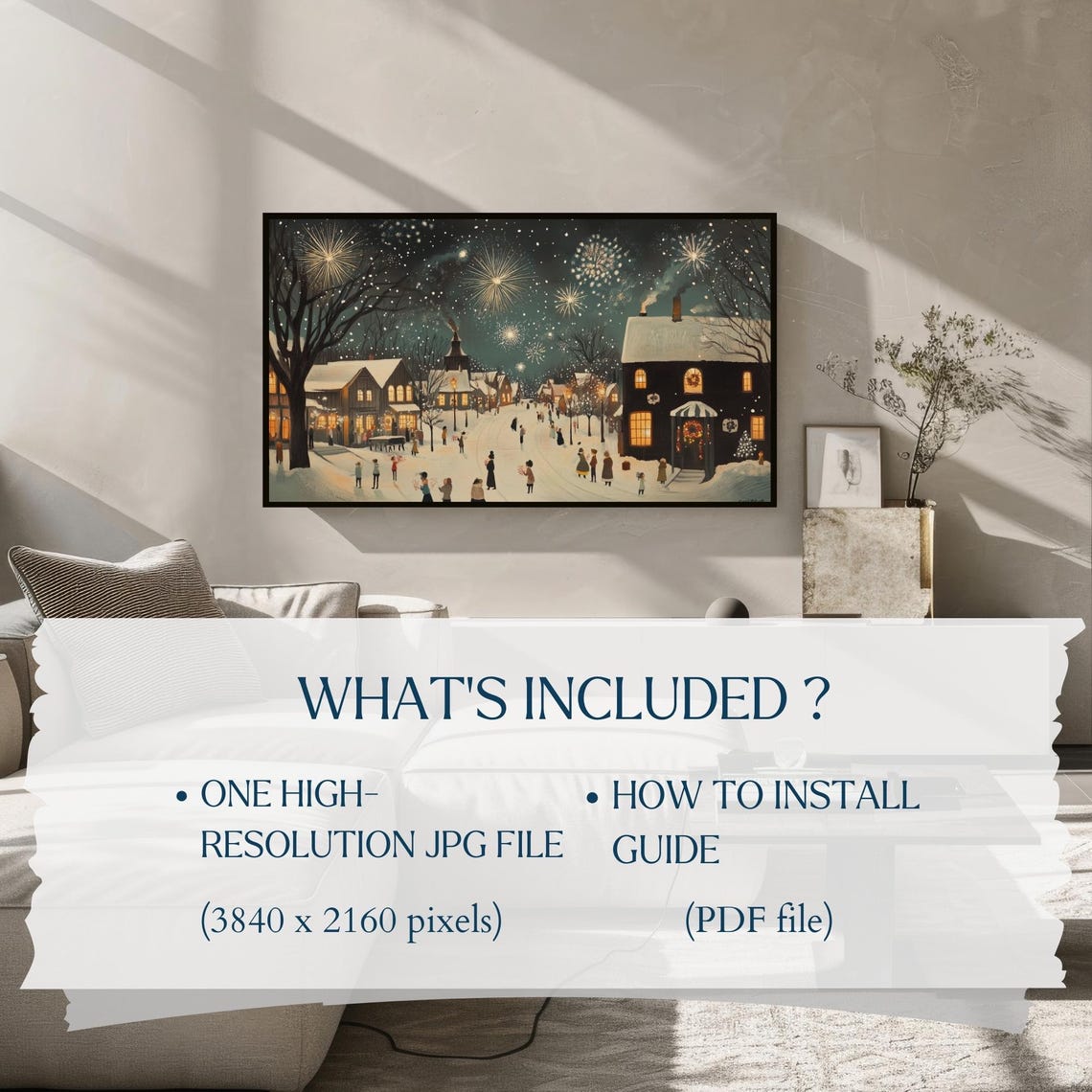 New Years Eve Fireworks Snowy Village Celebration Frame TV Art Poster - Image 2
