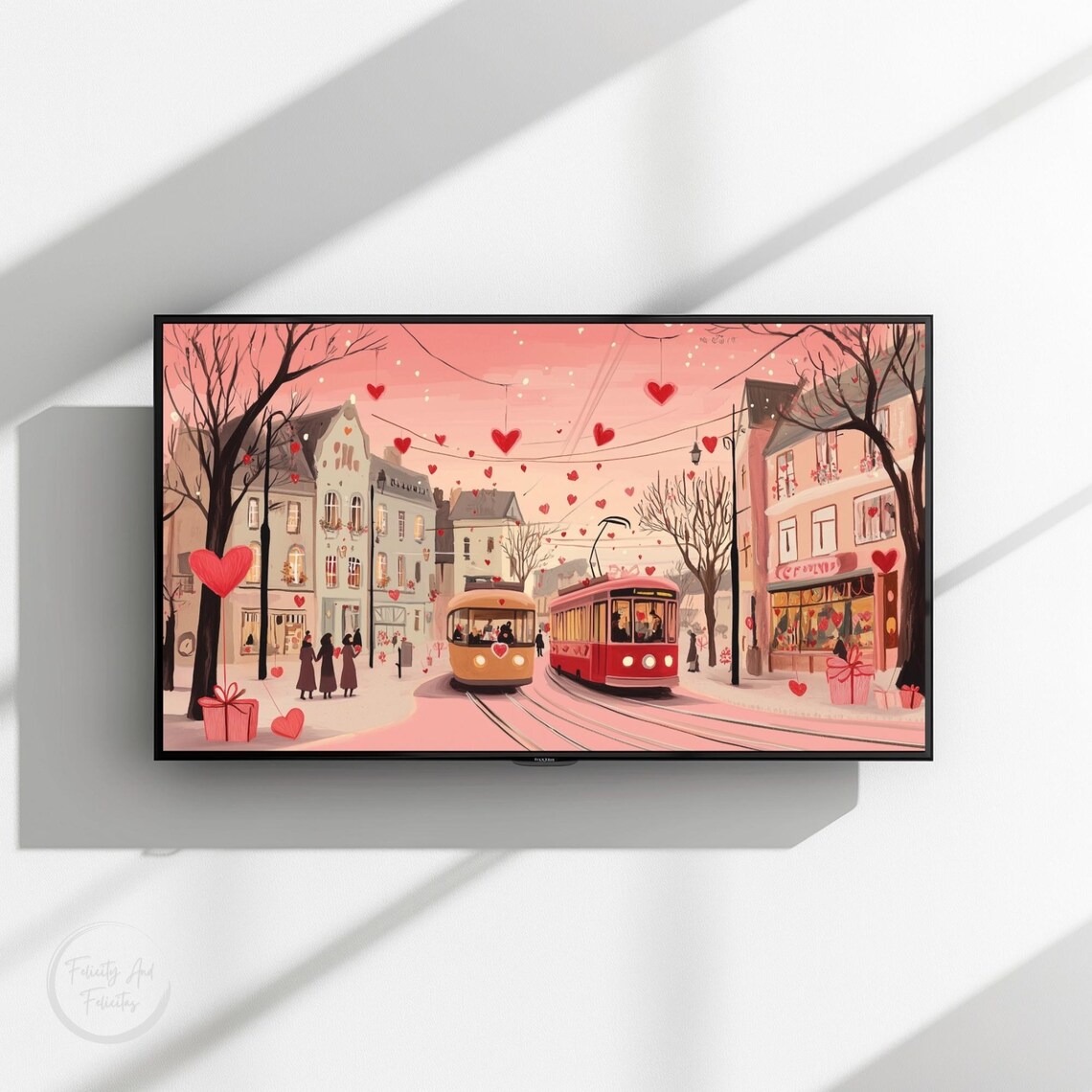 Valentines Day Pink City Street Hearts Trams Romance Scene Poster - Image 3