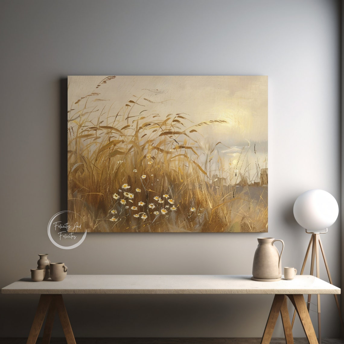 Summer Coastal Grass Field Daisies Vintage Neutral Oil Art Poster - Image 3