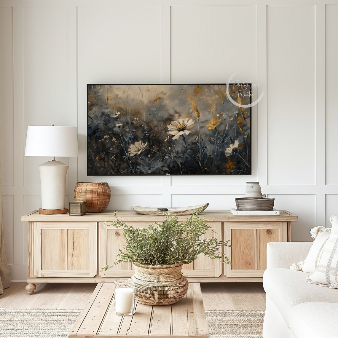 Dark Moody Floral Daisy Meadow Impressionist Frame TV Art Print - Image 4