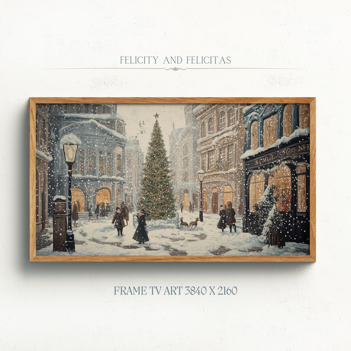 Vintage Christmas City Street Night Tall Tree Snow Scene Poster
