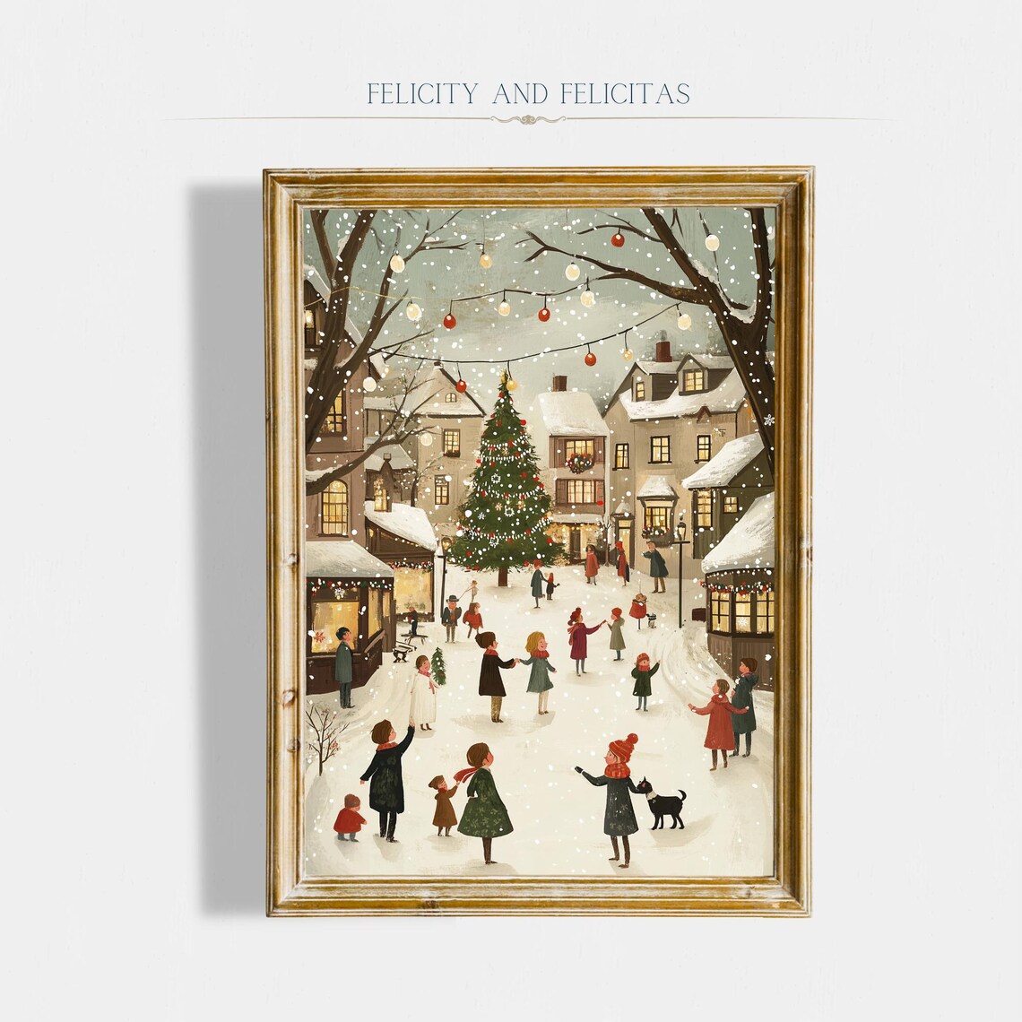 Cozy Christmas Village Square Tree Lights Neutral Winter Poster