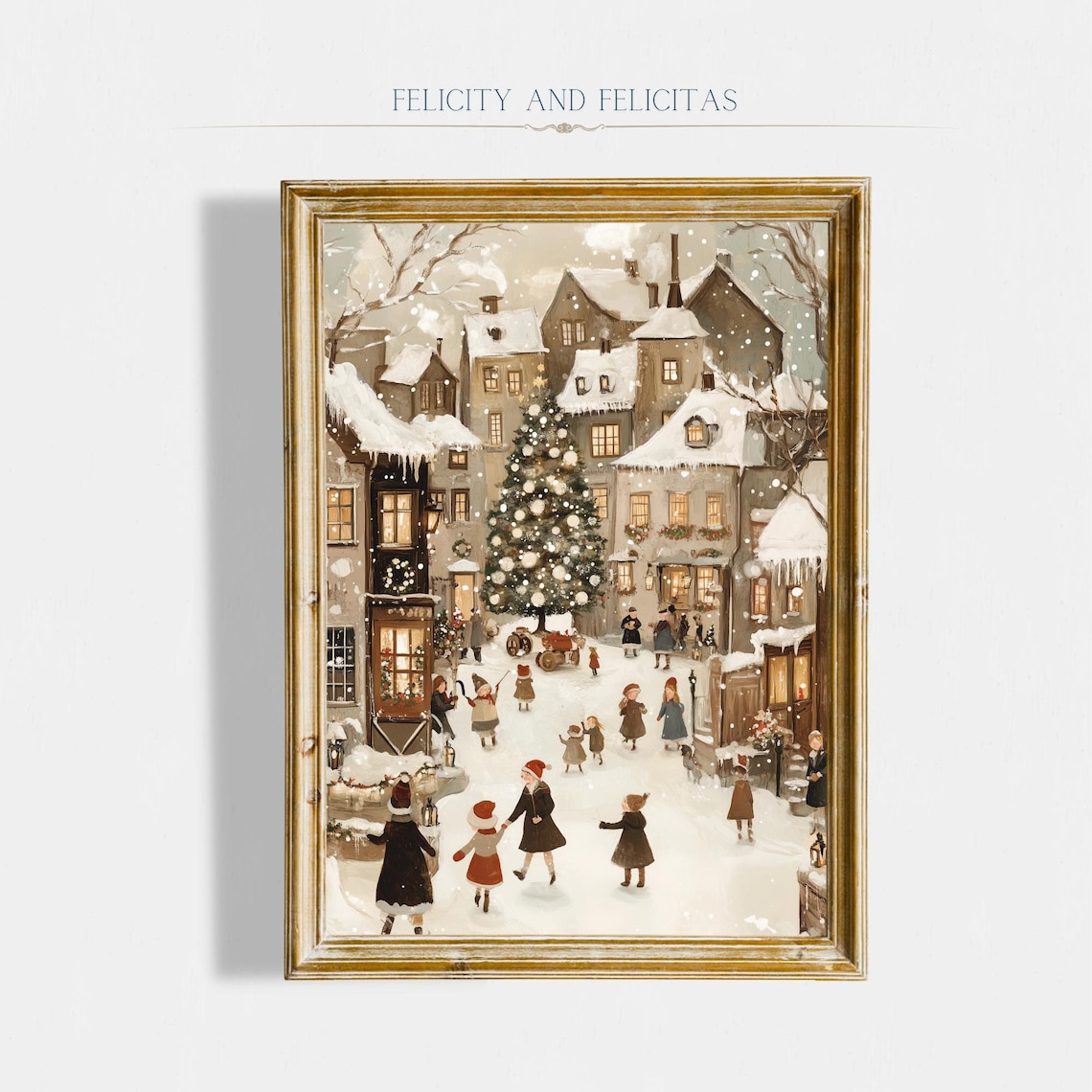 Snowy Winter Village Square Children Big Tree Holiday Poster
