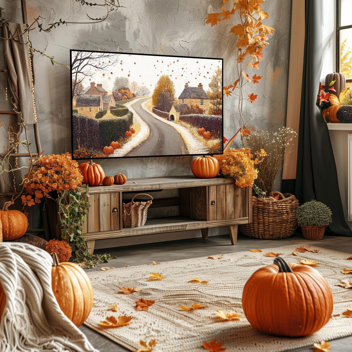 Autumn Country Road with Cottages Pumpkins and Falling Leaves Poster - Image 4
